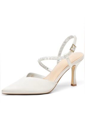 Coutgo Womens Pearl Heels Closed Toe Wedding Bride Dress Shoes Ankle Strap Pumps